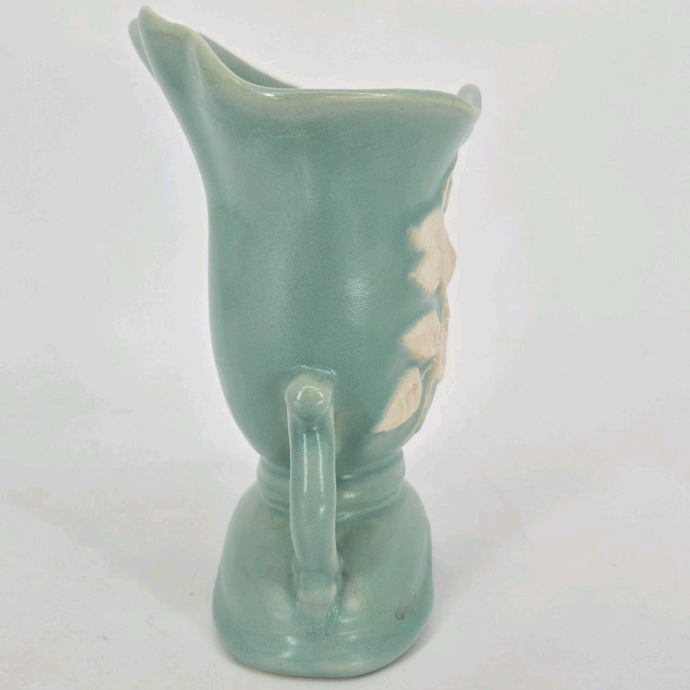 Vintage Weller Cameo Rose Vase Aqua Green White Floral Double Handle 7 In Deco - Picture 6 of 11